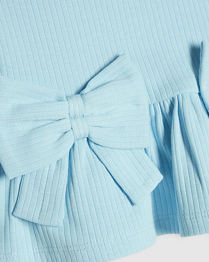 Mini Girls Blue Peplum Bow Rib Shorts Set
