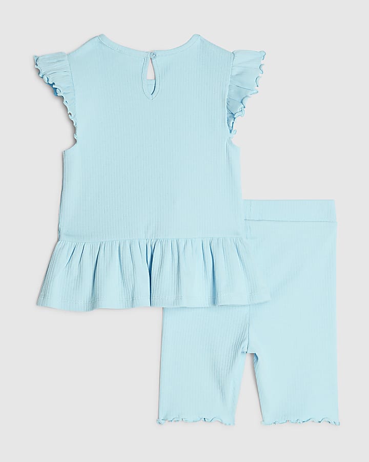 Mini Girls Blue Peplum Bow Rib Shorts Set