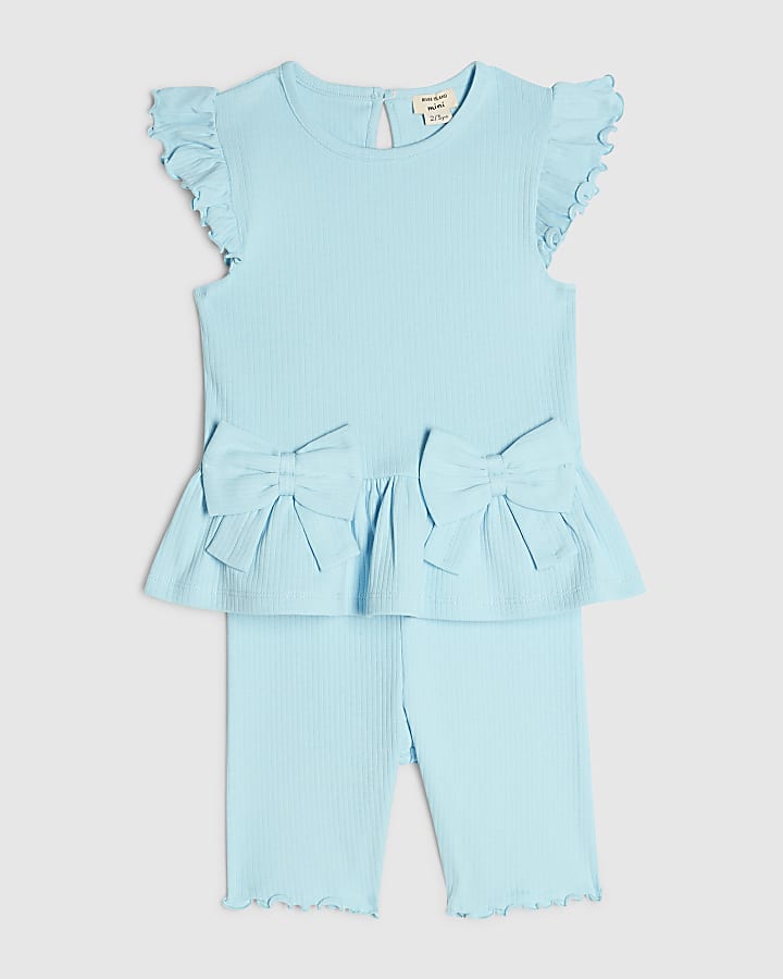 Mini Girls Blue Peplum Bow Rib Shorts Set