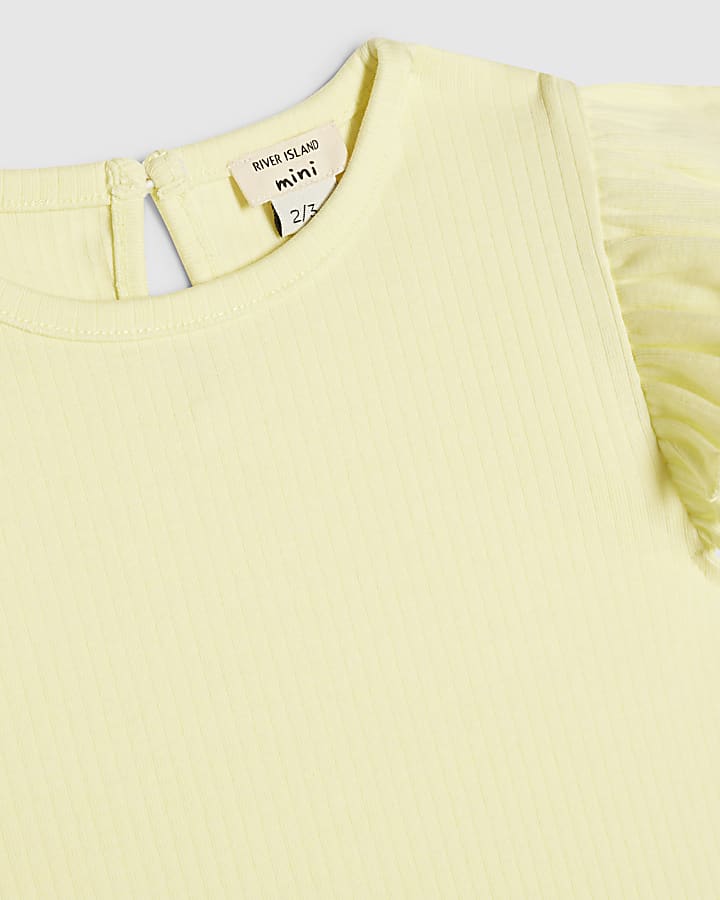 Mini Girls Yellow Peplum Bow Rib Shorts Set