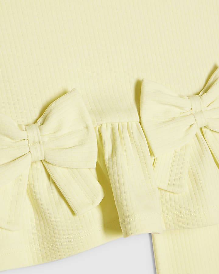 Mini Girls Yellow Peplum Bow Rib Shorts Set