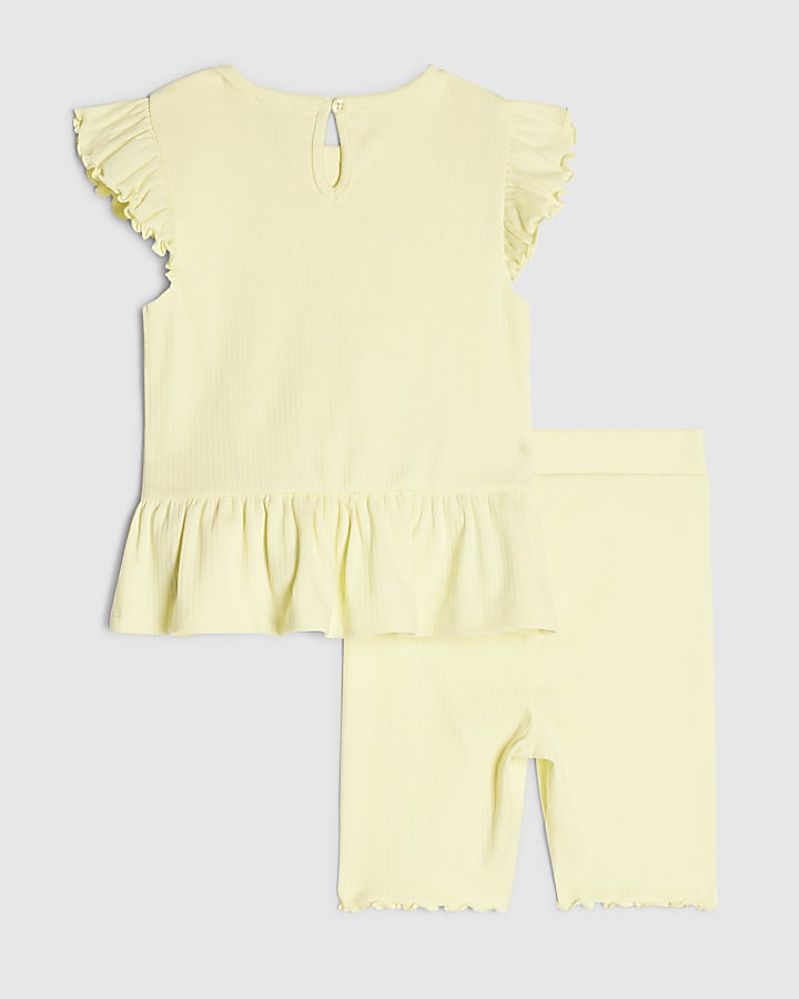 Mini Girls Yellow Peplum Bow Rib Shorts Set