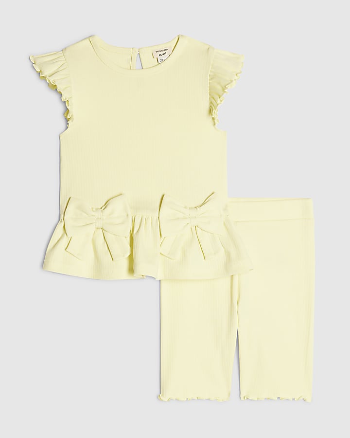 Mini Girls Yellow Peplum Bow Rib Shorts Set