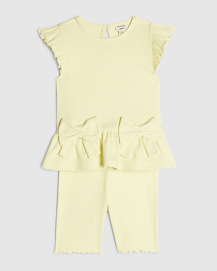 Mini Girls Yellow Peplum Bow Rib Shorts Set