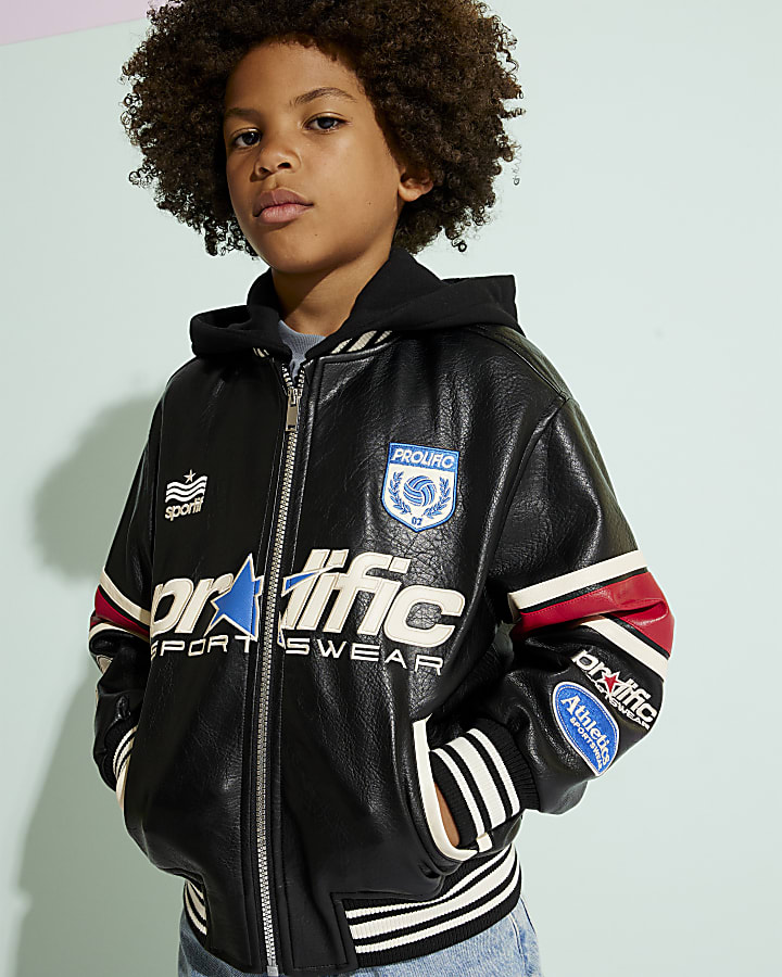 Boys Black Badged Varsity Bomber Jacket