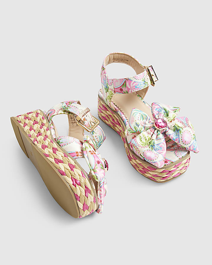 Girls Pink Floral Printed Bow Wedges