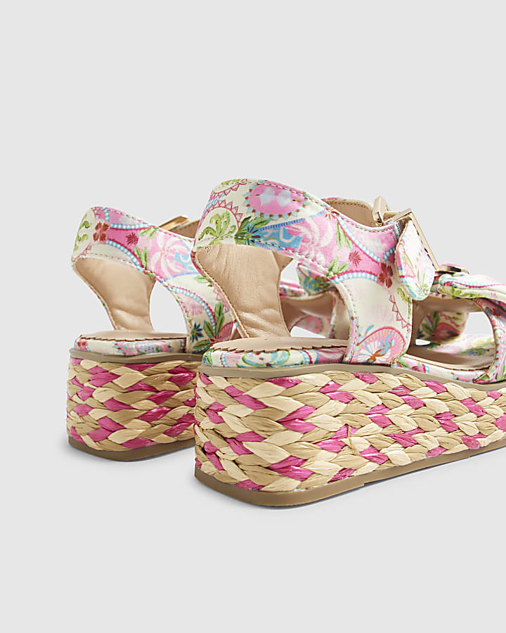 Girls Pink Floral Printed Bow Wedges
