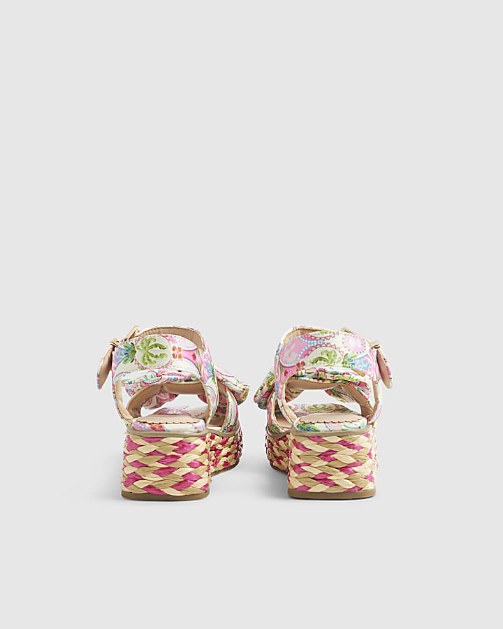 Girls Pink Floral Printed Bow Wedges