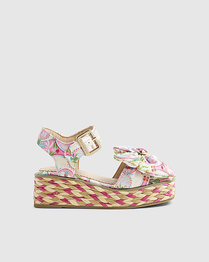 Girls Pink Floral Printed Bow Wedges
