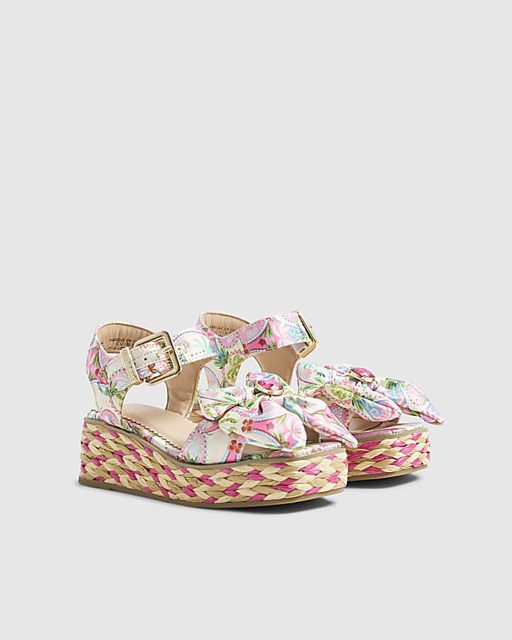 Girls Pink Floral Printed Bow Wedges