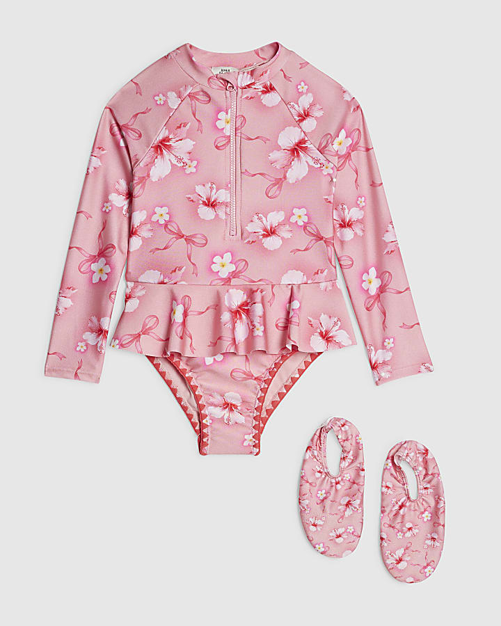 Mini Girls Pink Hibiscus Swimsuit Set