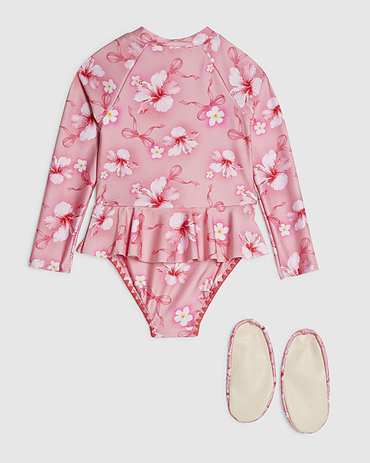 Mini Girls Pink Hibiscus Swimsuit Set