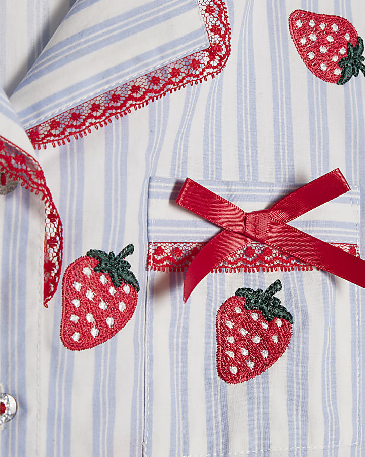 Girls Blue Strawberry Stripe Pyjamas Set