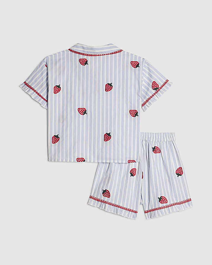 Girls Blue Strawberry Stripe Pyjamas Set