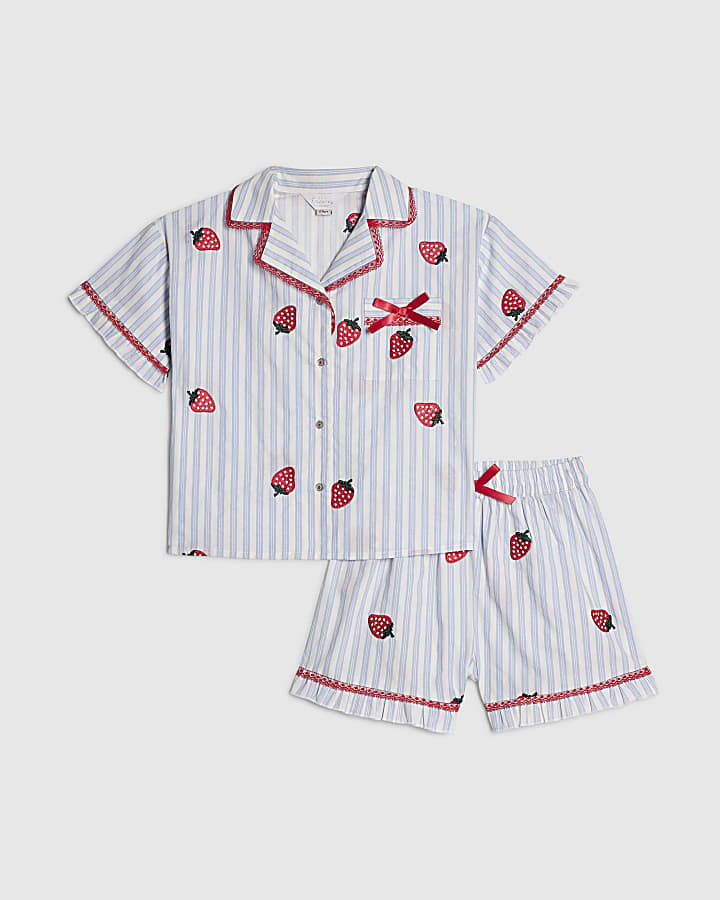 Girls Blue Strawberry Stripe Pyjamas Set