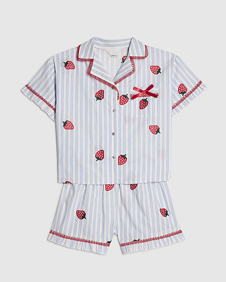 Girls Blue Strawberry Stripe Pyjamas Set