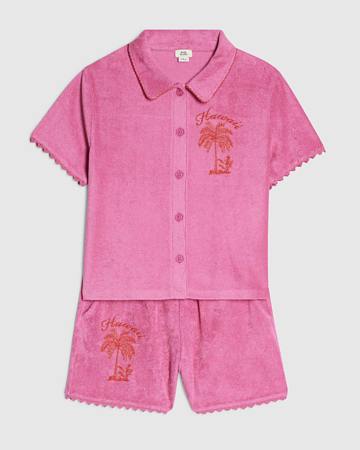 Girls Pink Palm Tree Towelling Set