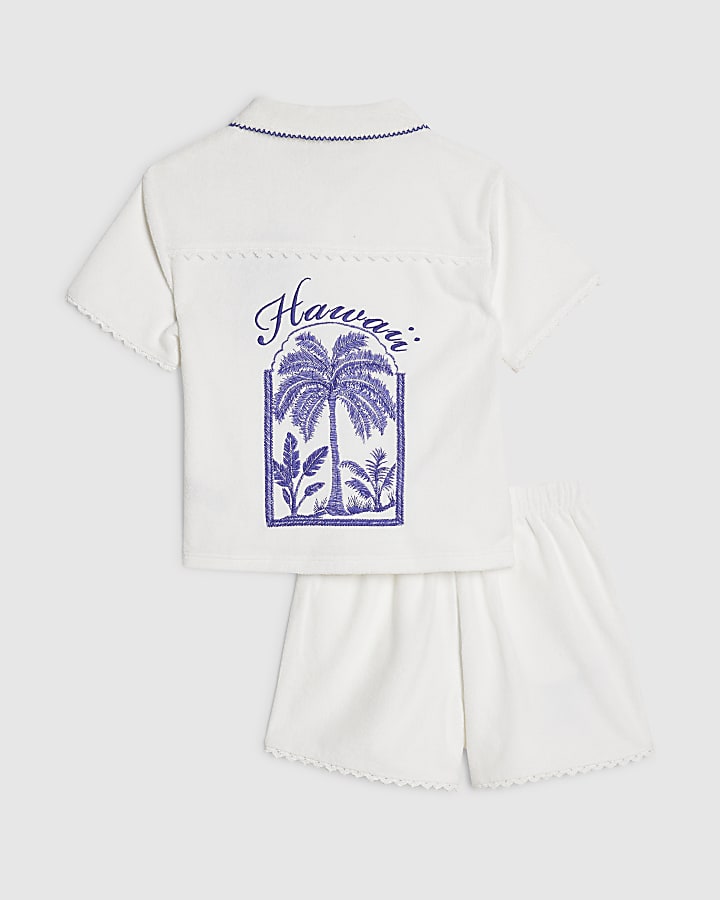 Girls White Palm Tree Towel Shorts Set