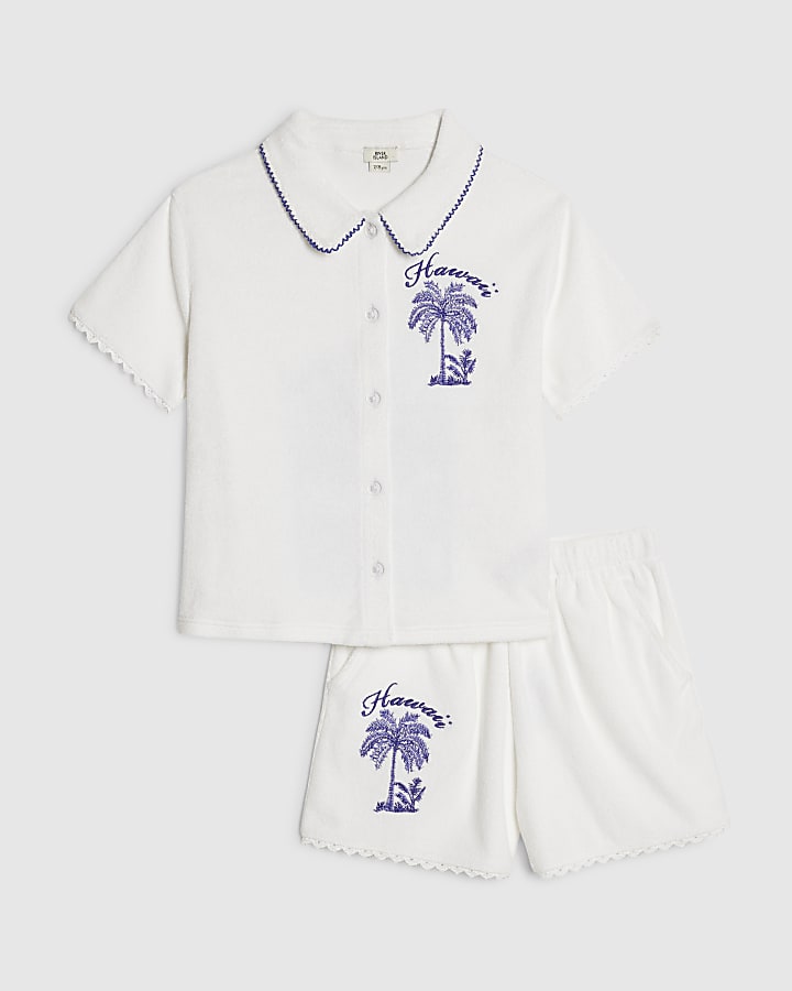 Girls White Palm Tree Towel Shorts Set