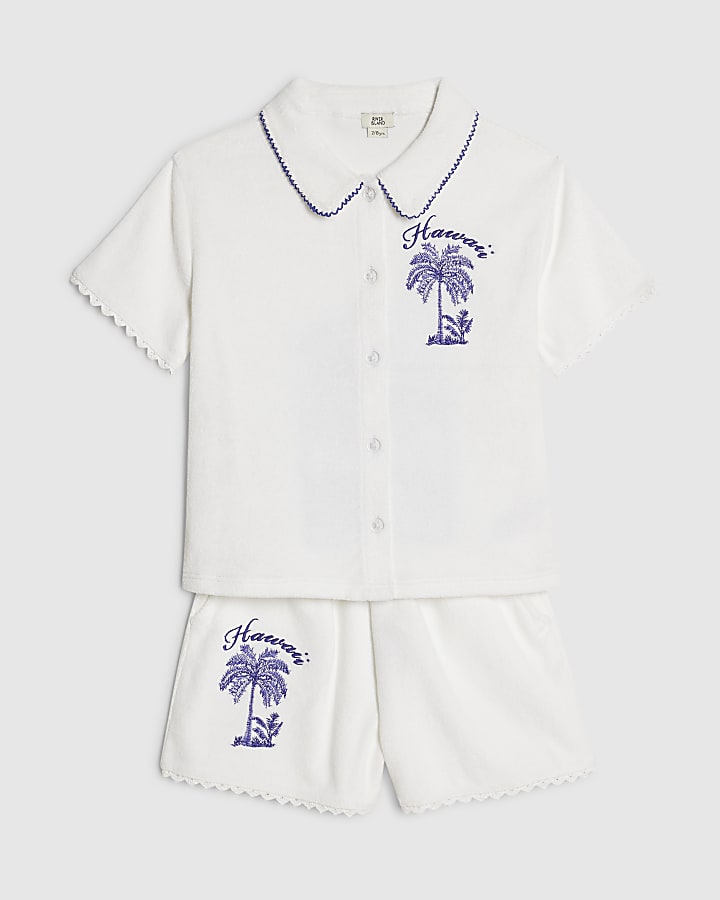 Girls White Palm Tree Towel Shorts Set
