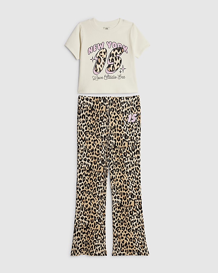 Girls White Leopard Print Flared Trousers Set