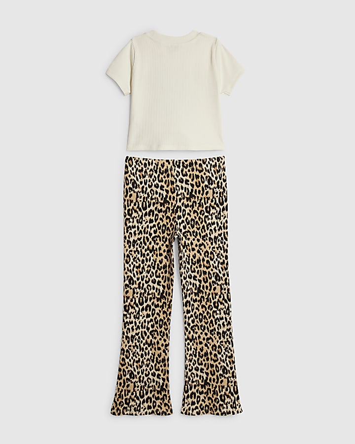 Girls White Leopard Print Flared Trousers Set