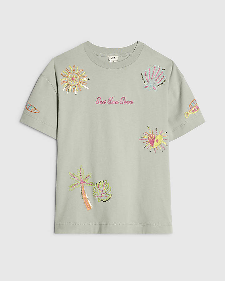 Girls Pink Embroidered Sea You Soon T-Shirt