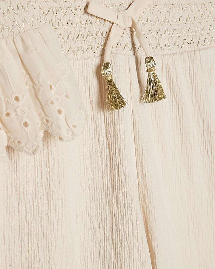 Girls Cream Peplum Top Trousers Set