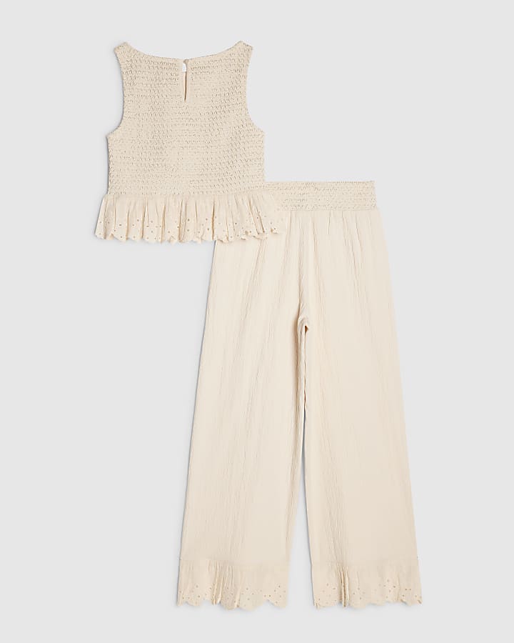 Girls Cream Peplum Top Trousers Set