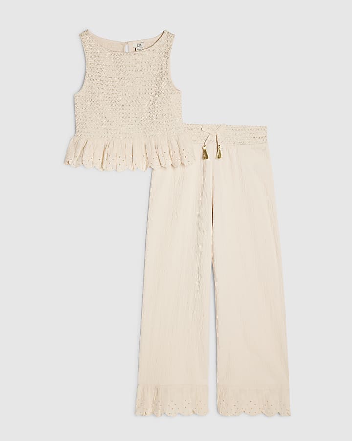 Girls Cream Peplum Top Trousers Set