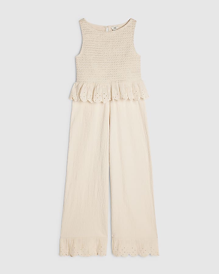 Girls Cream Peplum Top Trousers Set