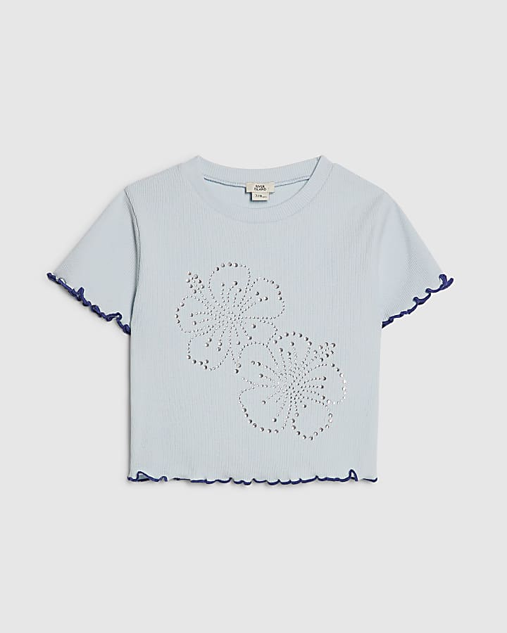 Girls Blue Hotfix Flower Lettuce Hem T-Shirt