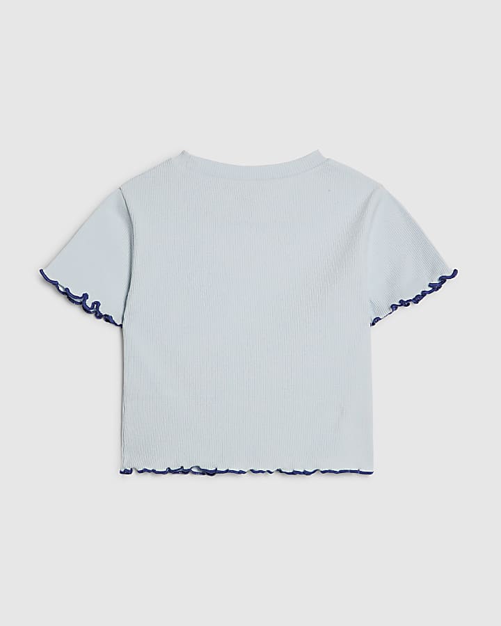 Girls Blue Hotfix Flower Lettuce Hem T-Shirt