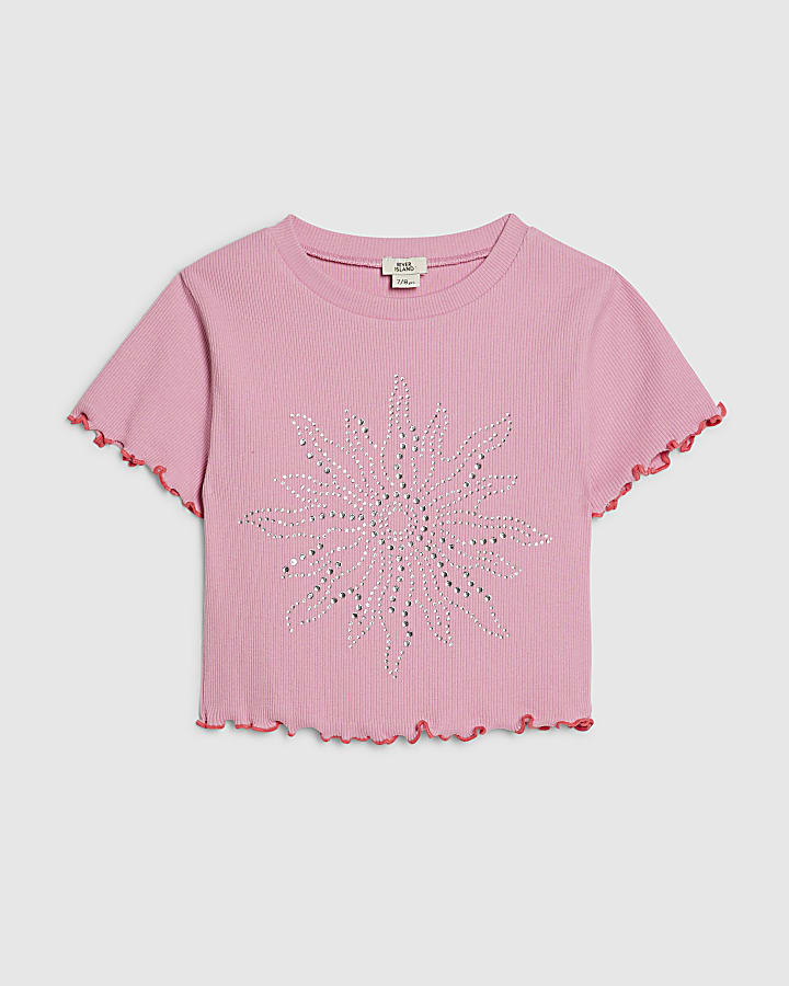 Girls Pink Hotfix Sun Lettuce Hem T-Shirt