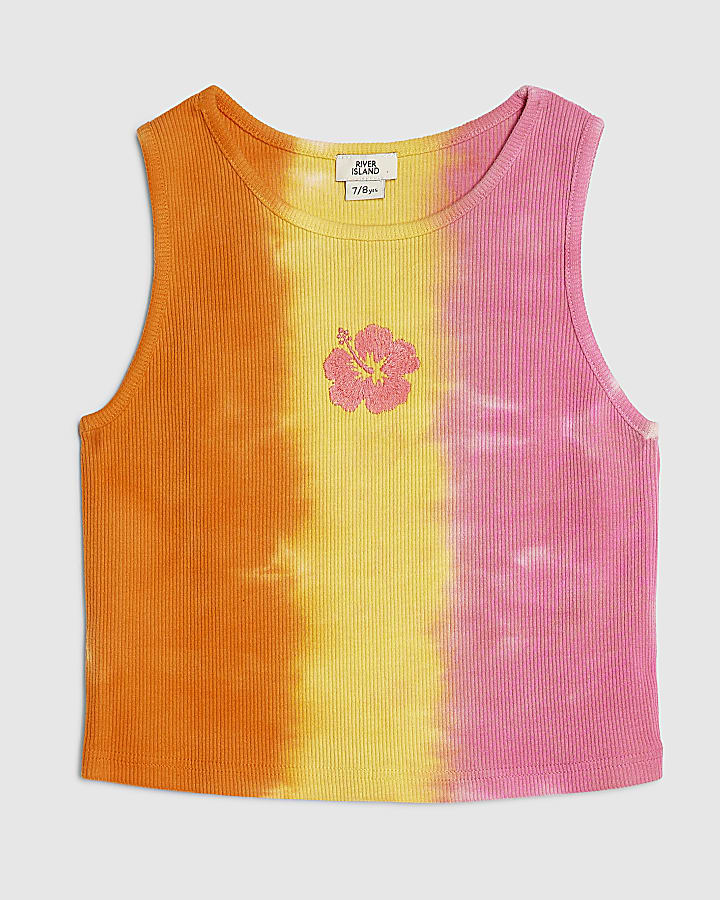 Girls Orange Tie Dye Floral Tank Top