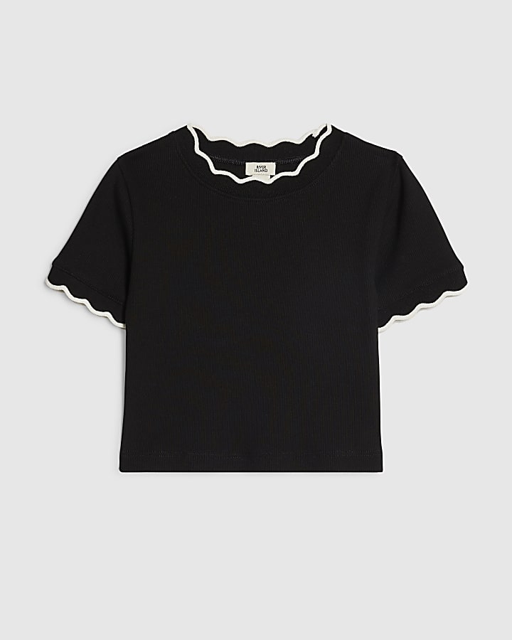 Girls Black Scallop Edge T-Shirt