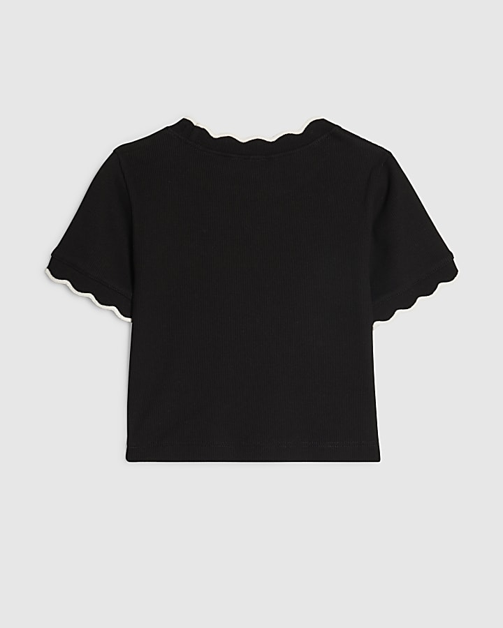 Girls Black Scallop Edge T-Shirt