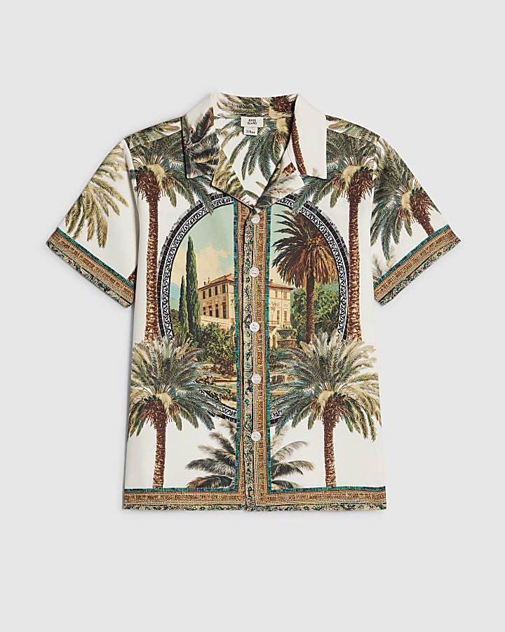 Boys White Palm Print Short Sleeve Shirt