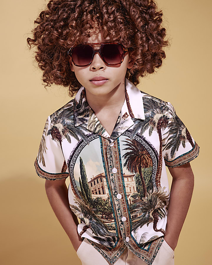 Boys White Palm Print Short Sleeve Shirt
