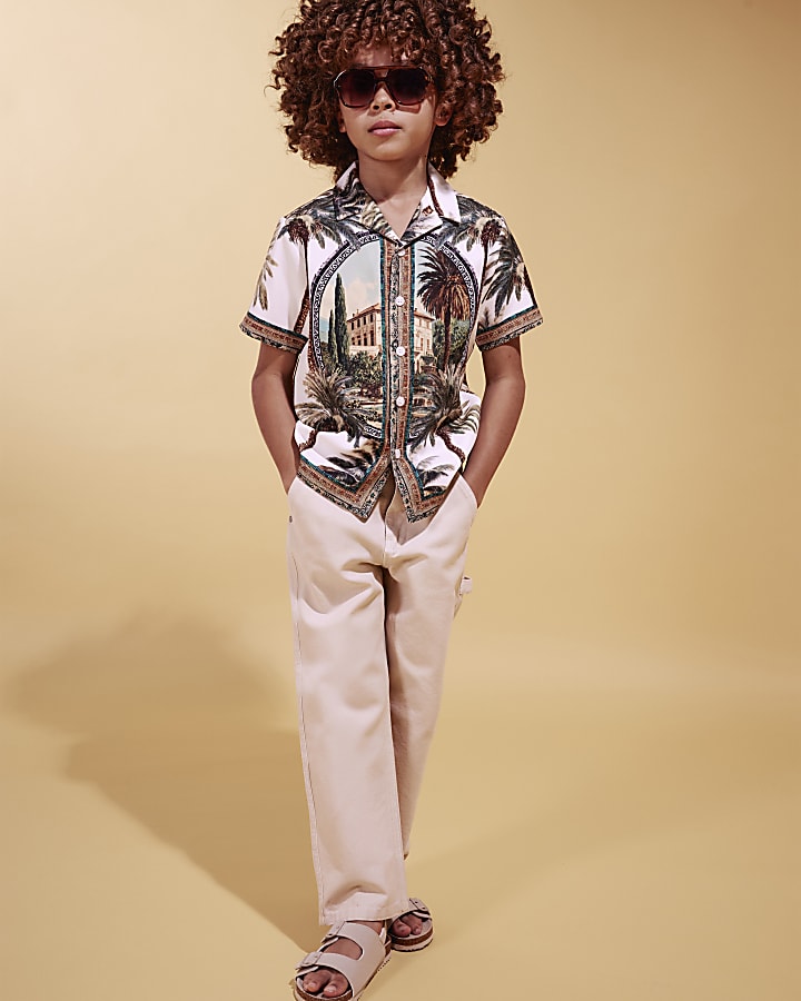Boys White Palm Print Short Sleeve Shirt