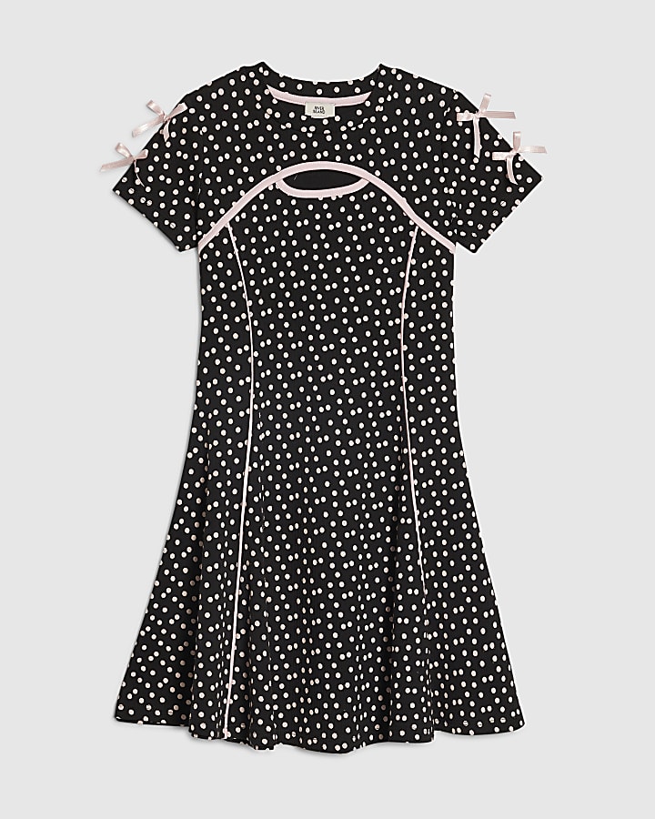Girls Black Polka Dot Cut Out Dress