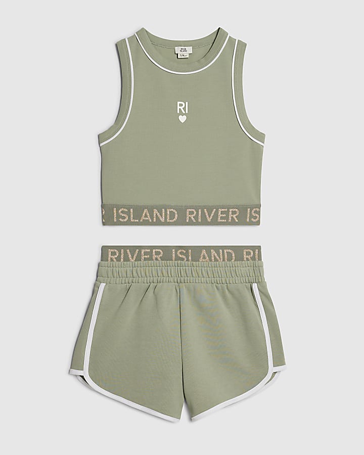 Girls Khaki RI Waistband Tank and Shorts Set
