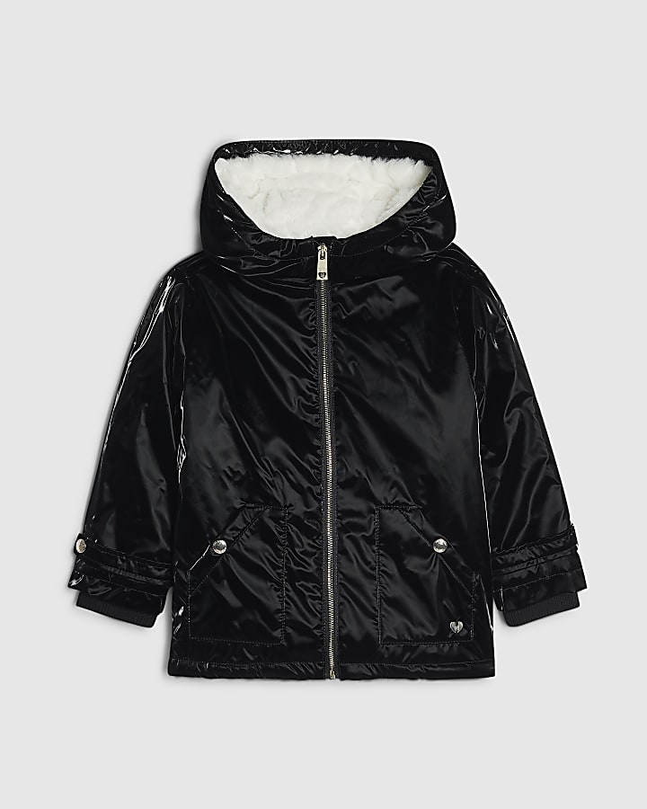 Mini Girls Black Black High Shine Rain Mac