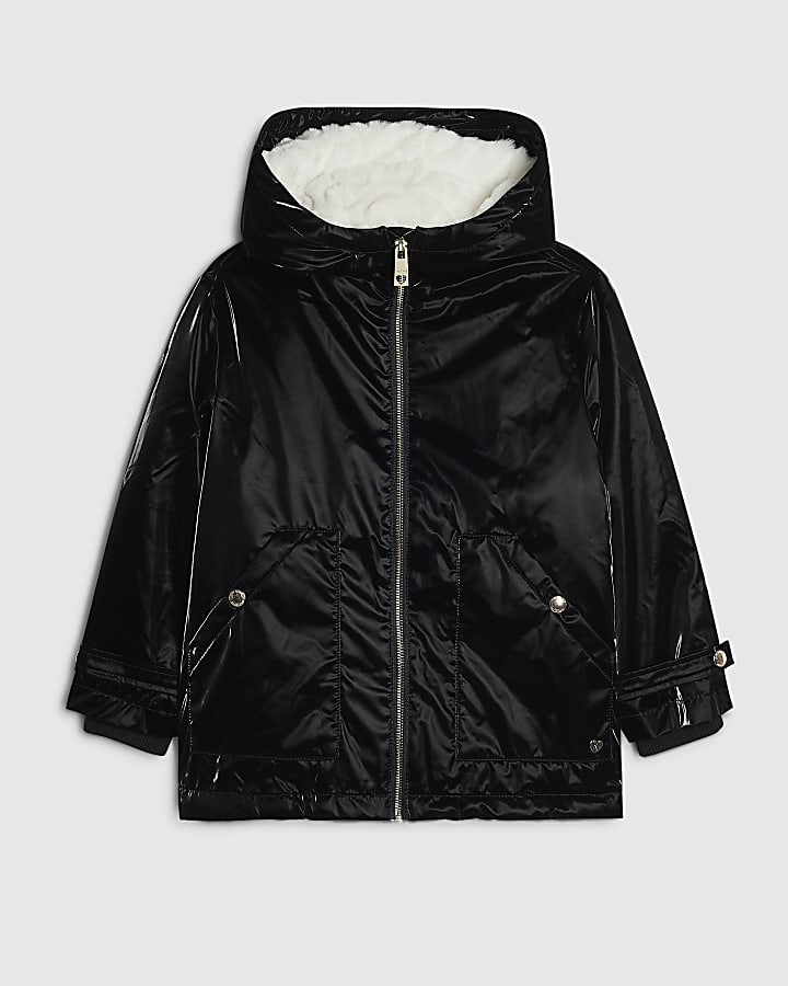 Girls Black Black High Shine Rain Mac