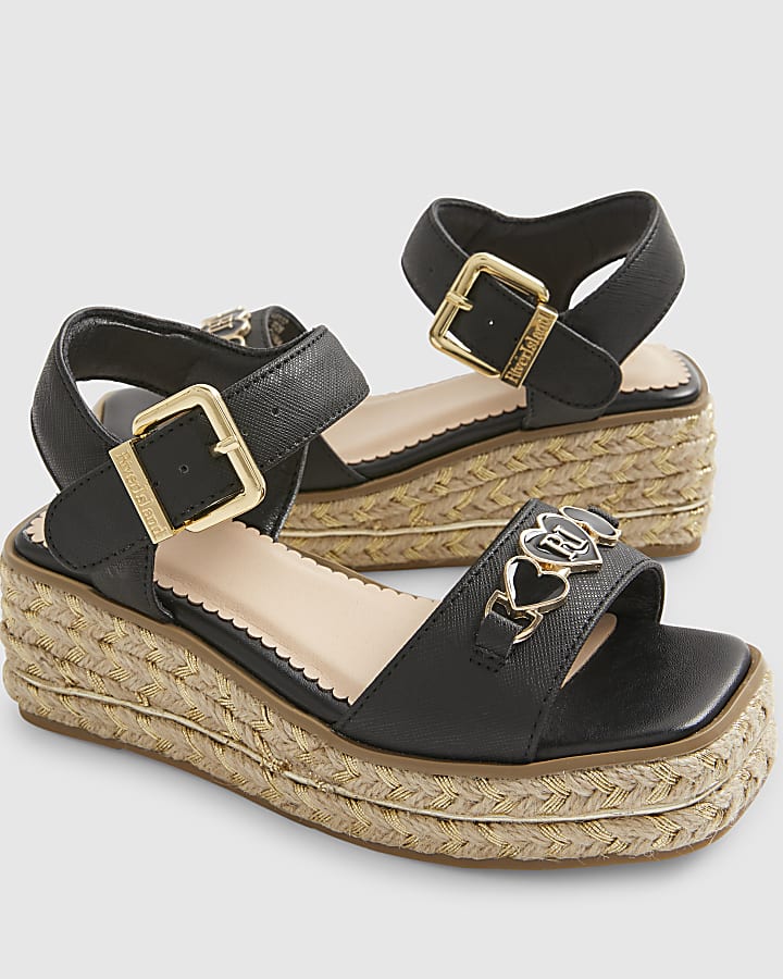Girls Black Heart Snaffle Wedge Sandals
