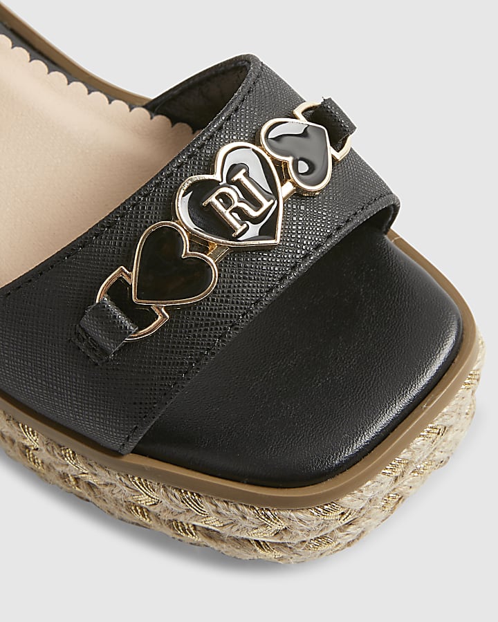 Girls Black Heart Snaffle Wedge Sandals