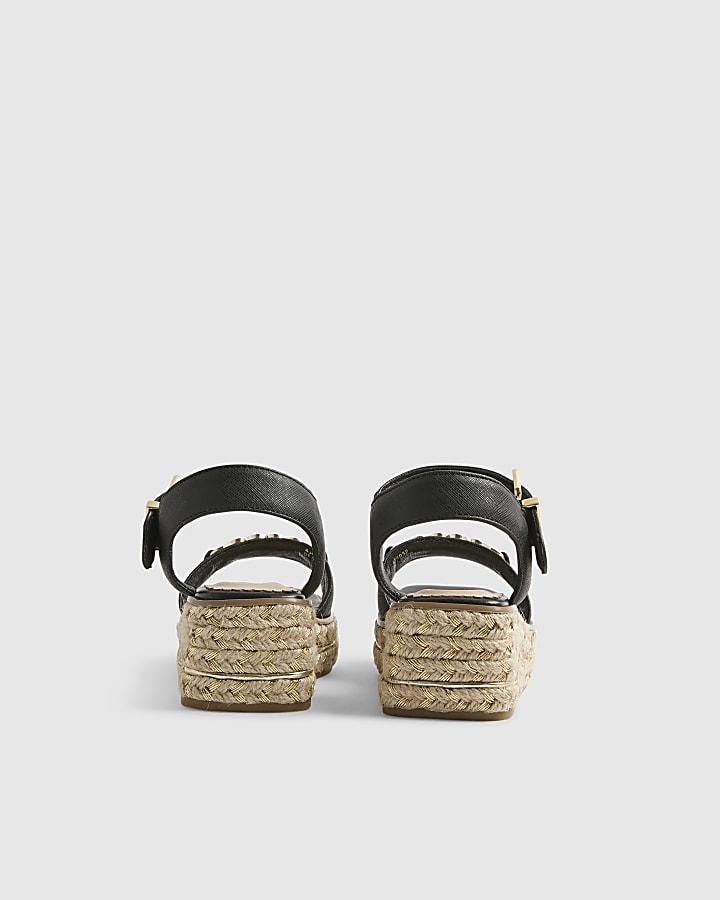 Girls Black Heart Snaffle Wedge Sandals