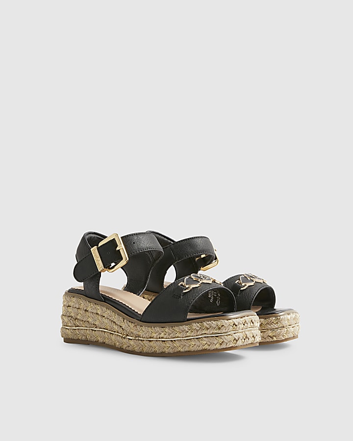 Girls Black Heart Snaffle Wedge Sandals