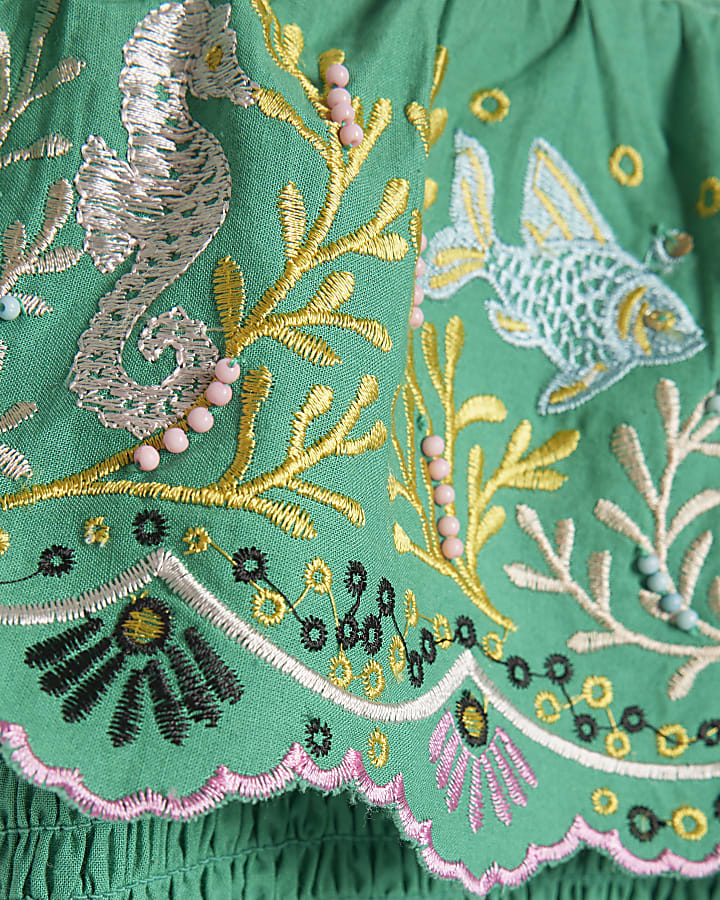 Girls Green Seahorse Beaded Top & Skirt Set