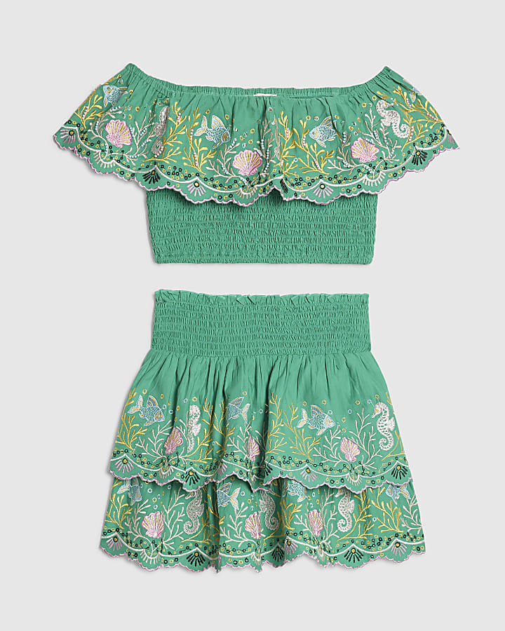 Girls Green Seahorse Beaded Top & Skirt Set